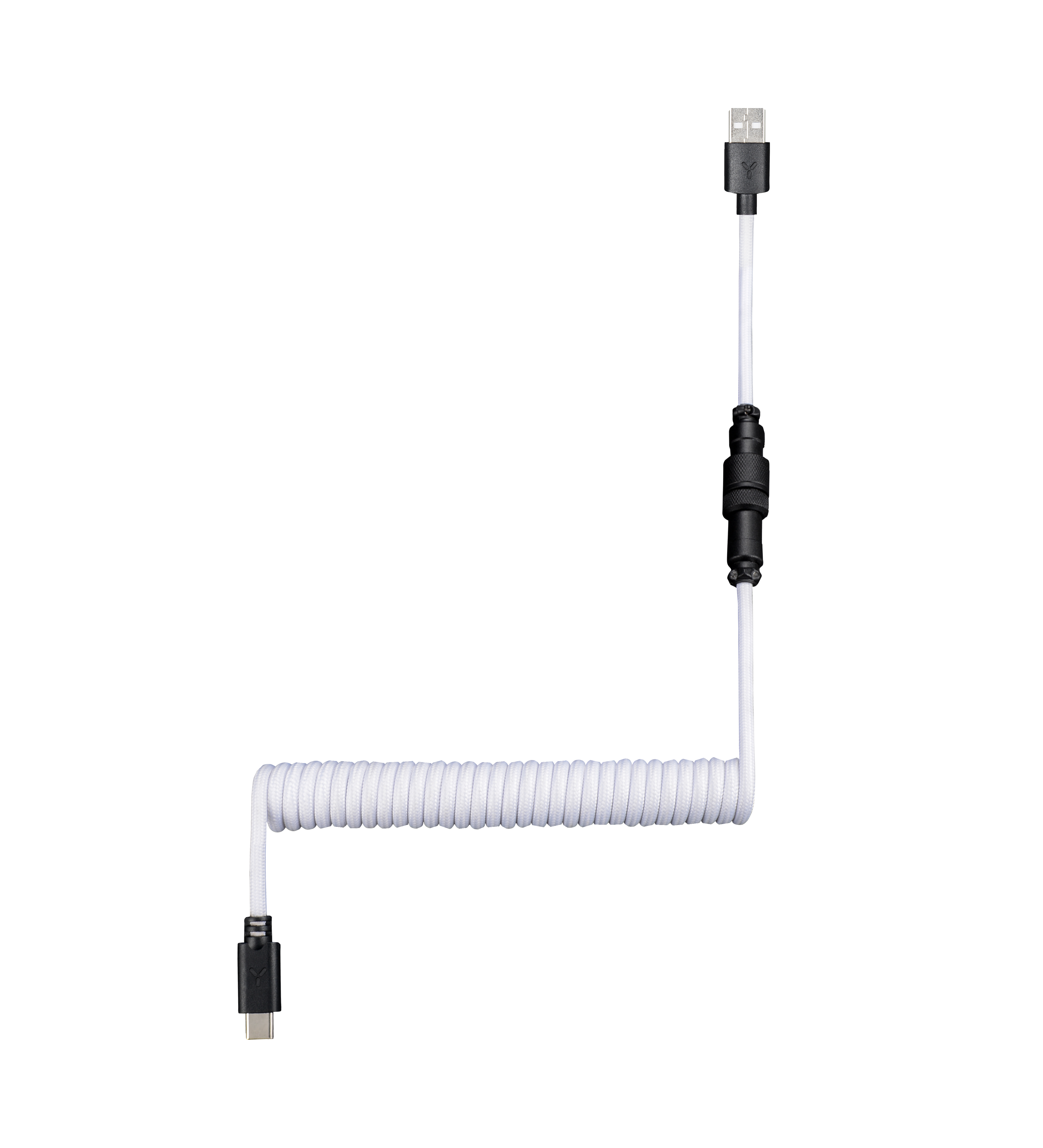 Weißes USB-Kabel mit USB-C- und USB-A-Anschluss, schwarzer Stecker in der Mitte des Kabels.