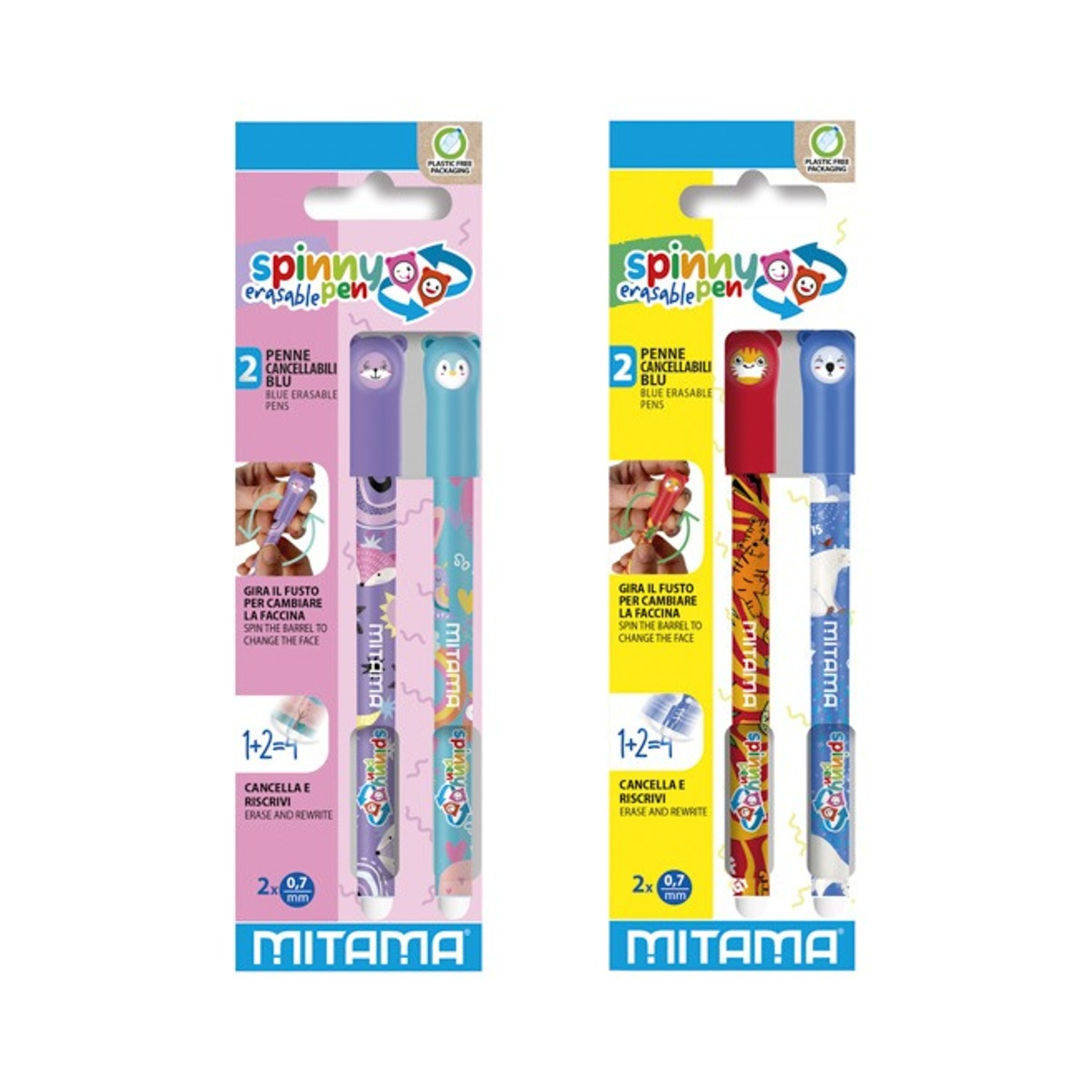 Due confezioni di penne colorate; ognuna con una penna e una descrizione.