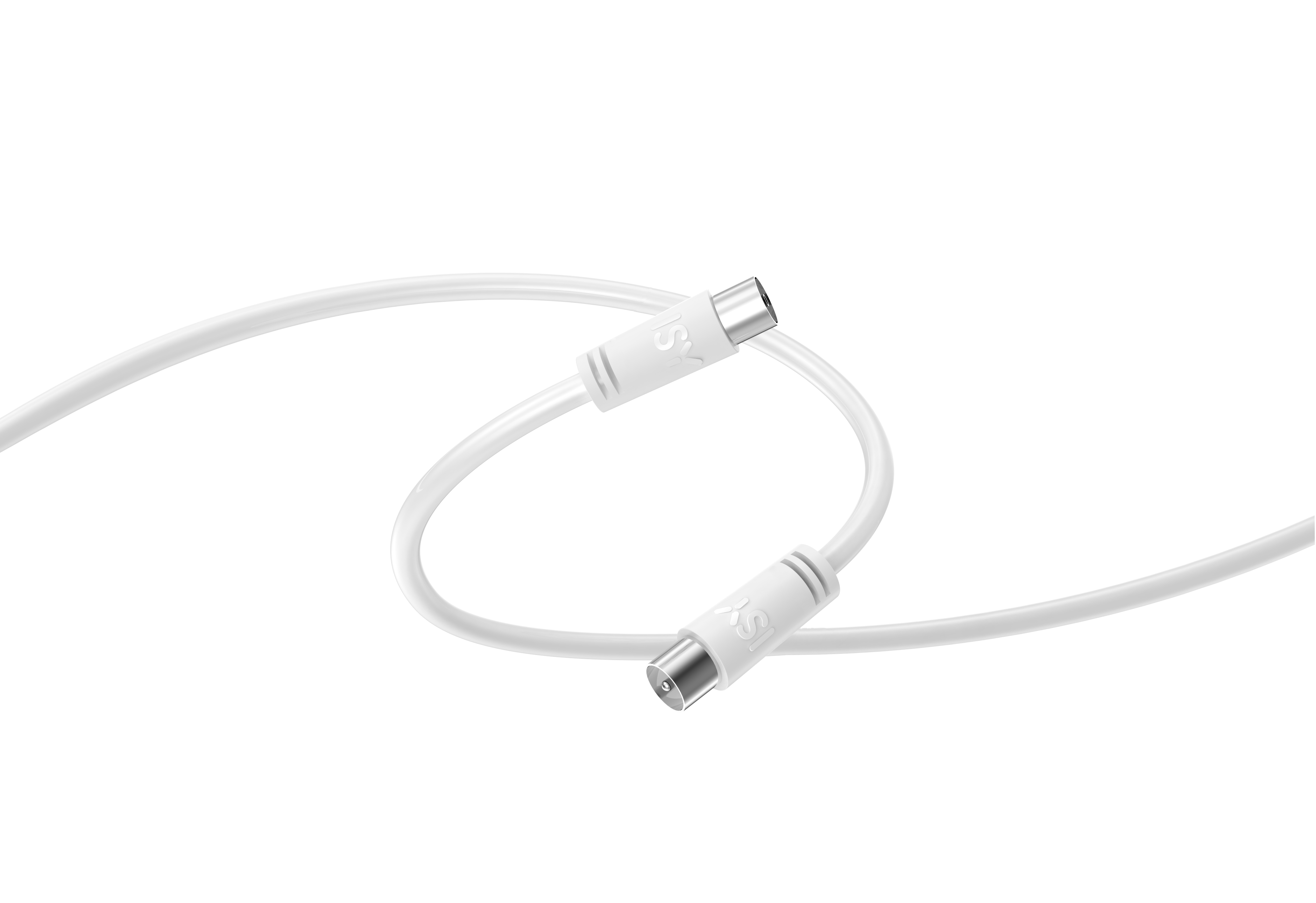 Biały kabel koncentryczny z dwoma złączami na czarnym tle.