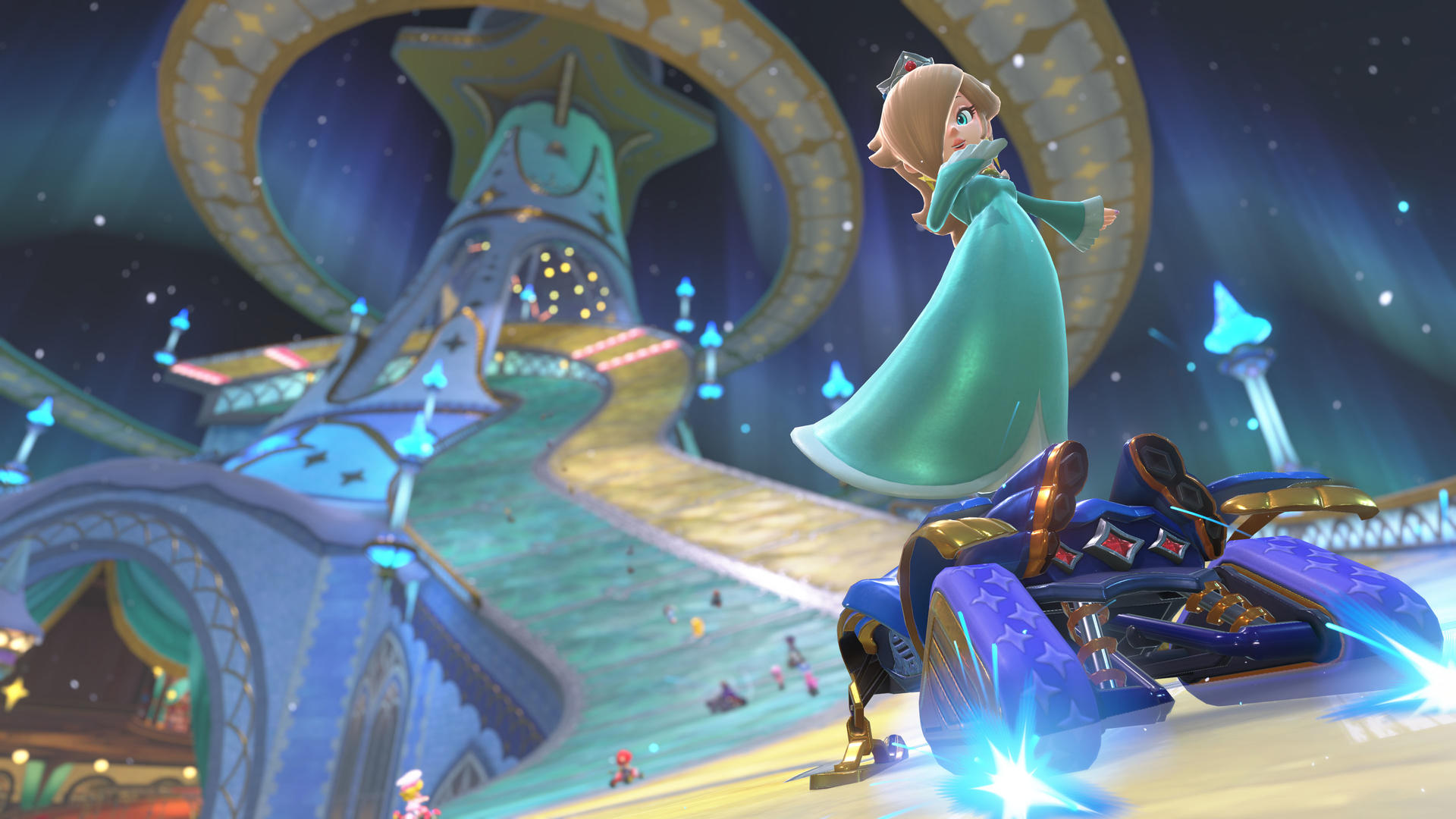Rosalina in einem Kart, in der Luft, auf einer Weltraum-Rennstrecke. Der Hintergrund zeigt einen Sternenhimmel und Streckenelemente.