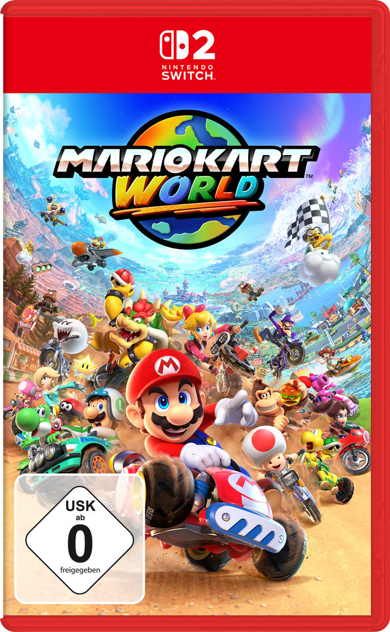 Mario Kart World Spielcover, Mario im Kart, viele Charaktere rasen, USK 0.