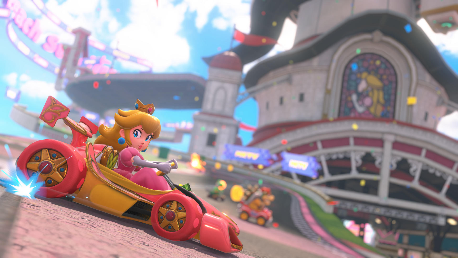 Prinzessin Peach in einem Kart, das auf einer Strecke mit anderen Rennfahrern fährt.