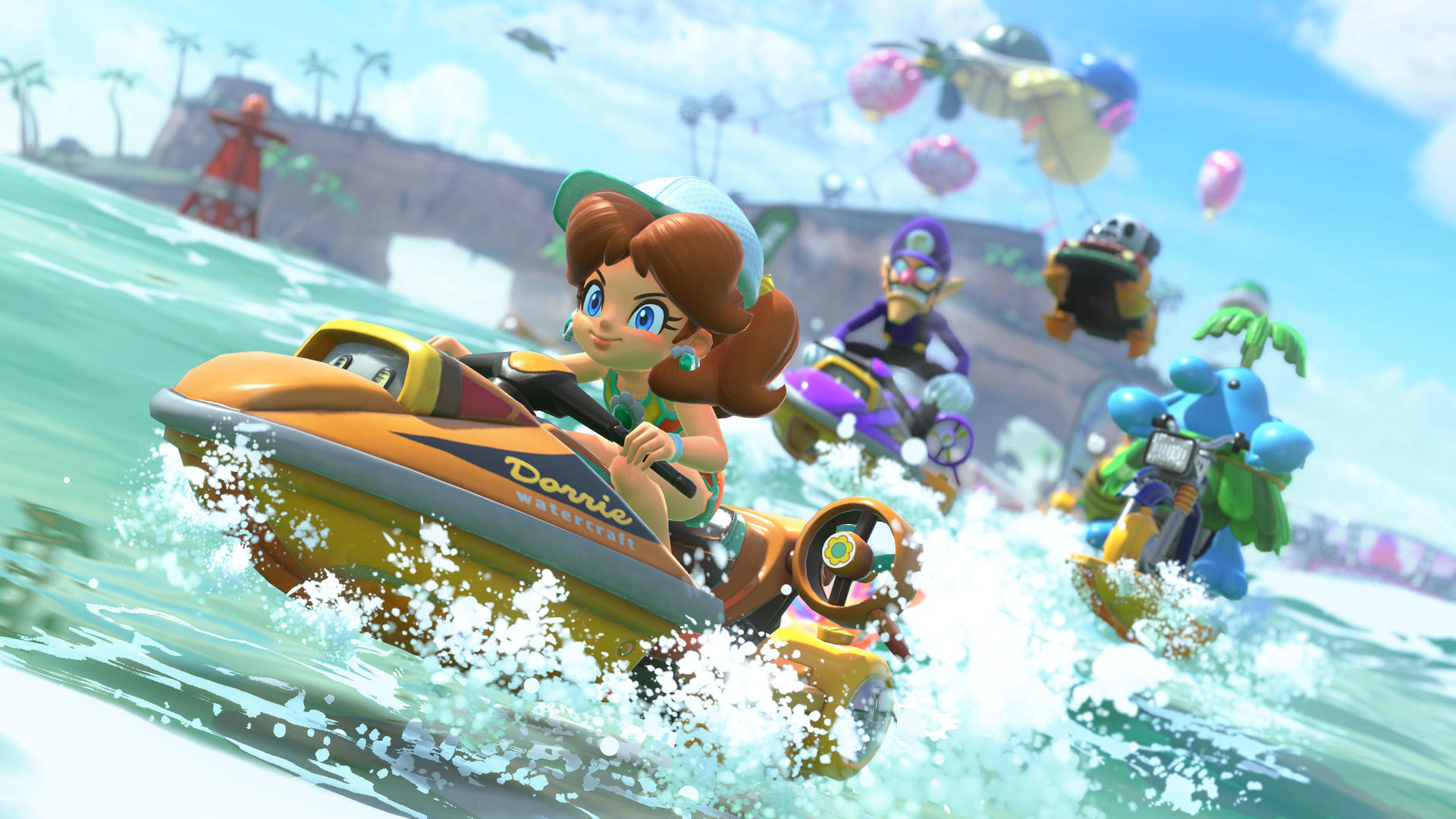Mario Kart Szene, Daisy auf Jetski, andere Fahrer, Wasser, sonniger Himmel.