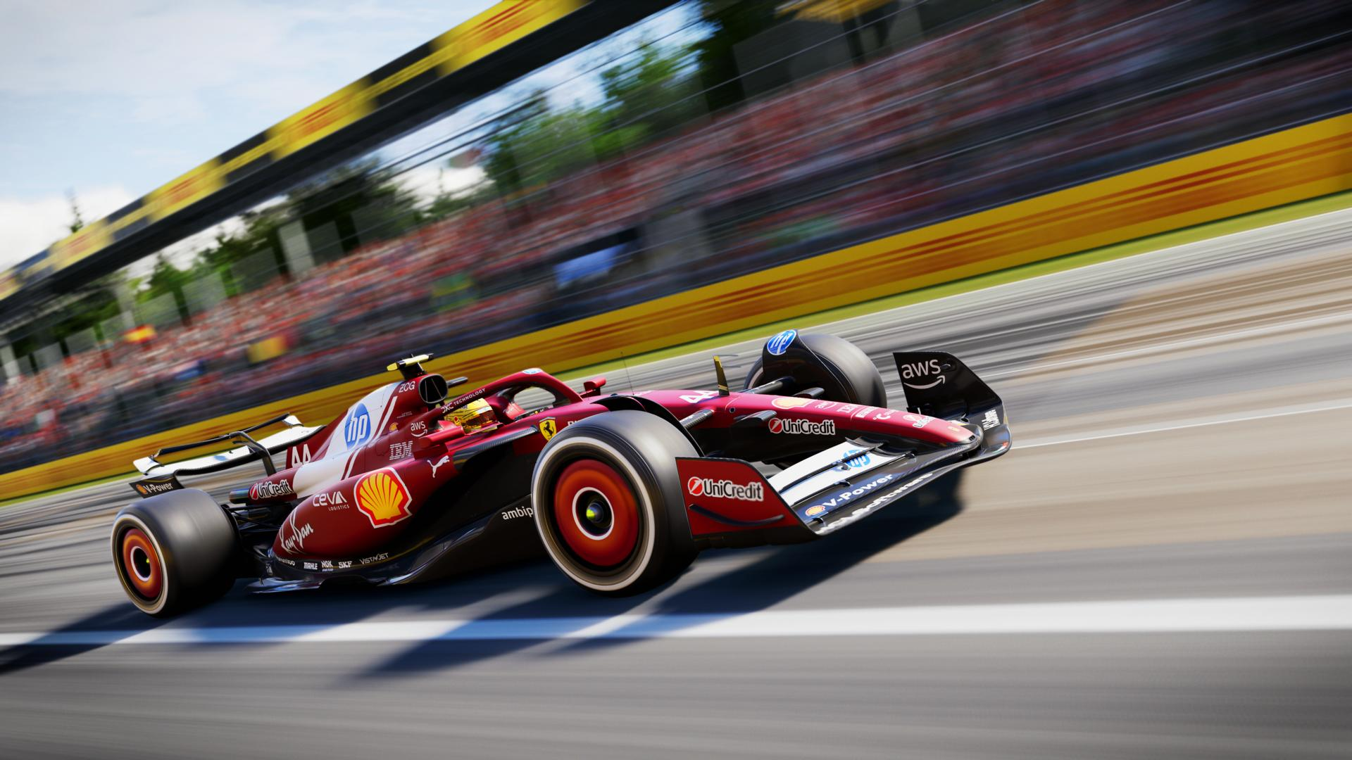 Formel 1-Rennwagen auf der Rennstrecke, mit Sponsoren und verschwommenem Hintergrund.