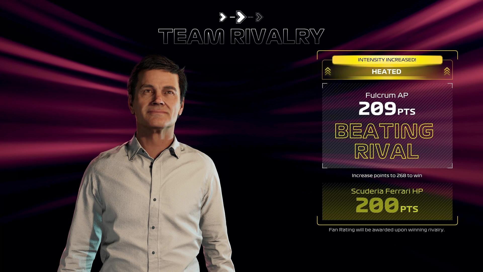 Ein Mann auf einem Bildschirm mit Spielstatistiken und Informationen zur Teamrivalität. Der Hintergrund ist rosa und lila.