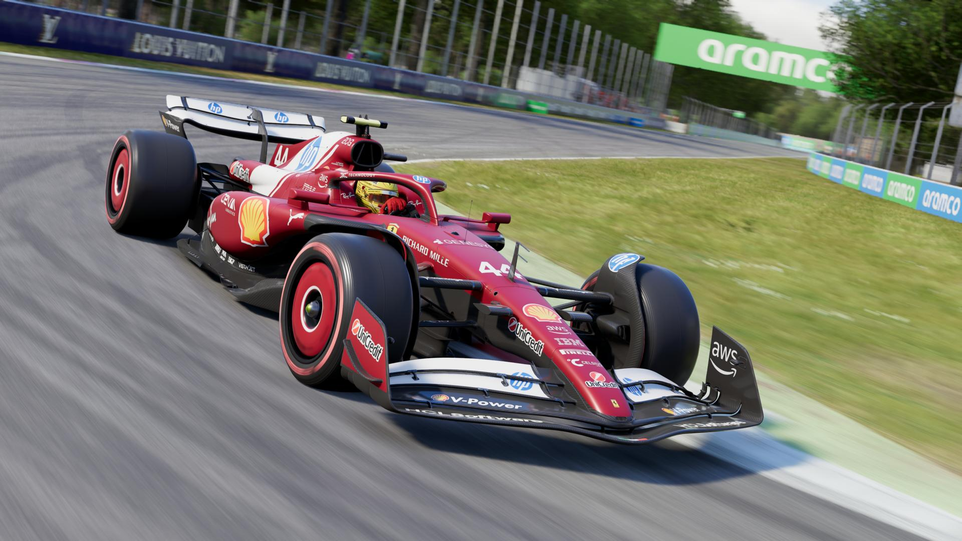 Roter Ferrari-Rennwagen auf einer Strecke, mit Sponsorenlogos und verschwommenem Hintergrund der Rennstrecke.