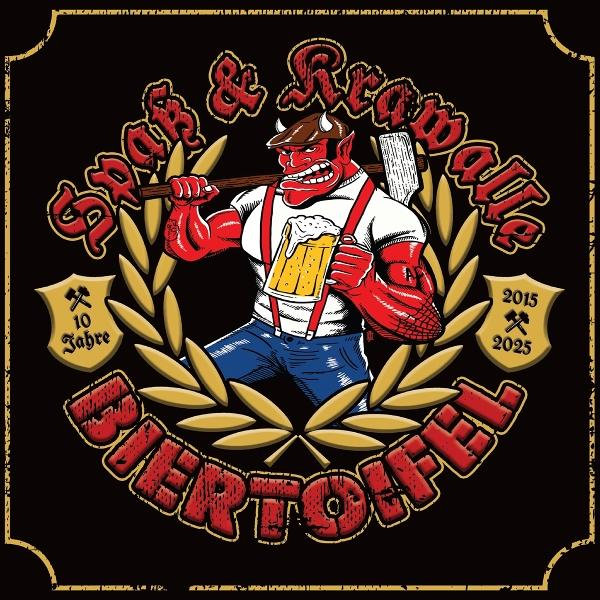 Cartoon-Teufel mit Hammer und Bier, mit Bierkrug. Text: Spar & Kramwolle Bierteufel.