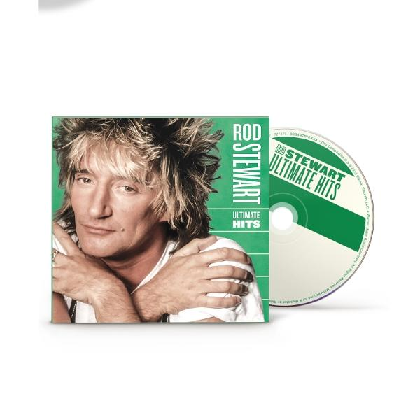 Albumcover: Rod Stewart auf dem Cover, Titel Ultimate Hits, grüner Hintergrund, CD rechts.