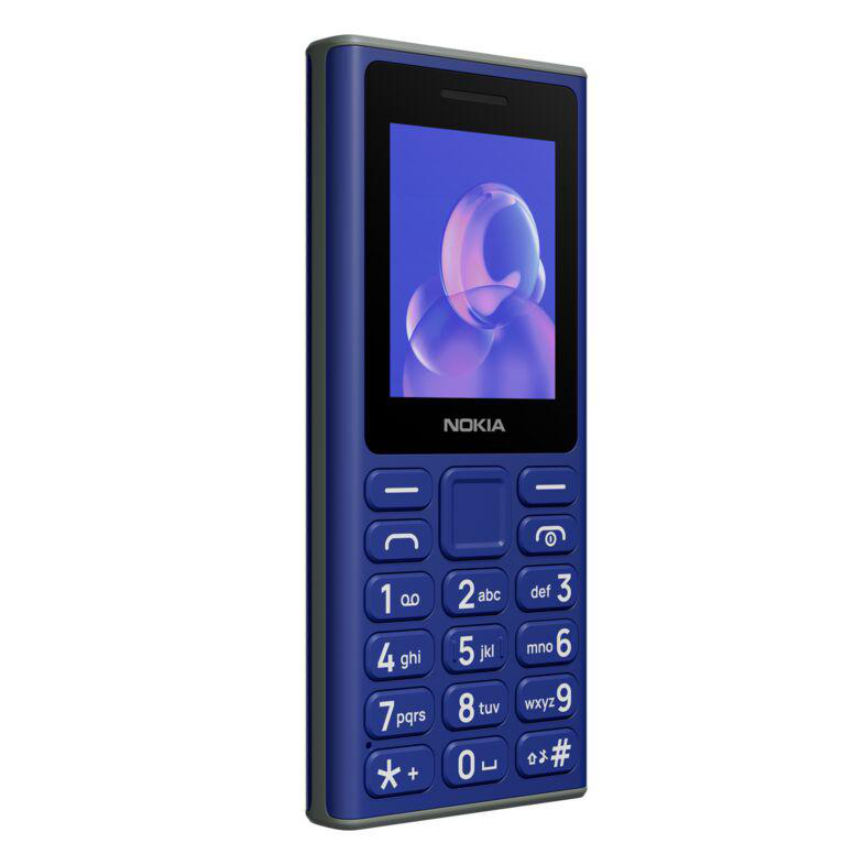 Ein blaues Nokia-Telefon, mit sichtbarer Tastatur, der Bildschirm zeigt eine Grafik.