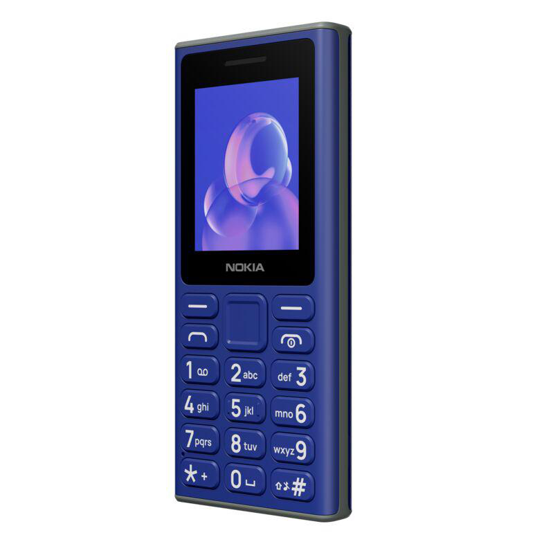 Ein blaues Nokia-Telefon. Es hat eine numerische Tastatur und einen Bildschirm, der eine Grafik anzeigt.