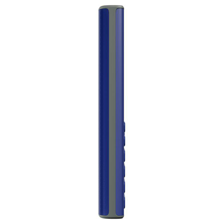 Seitenansicht eines blauen Telefons mit grauem Zierrat auf weißem Hintergrund.
