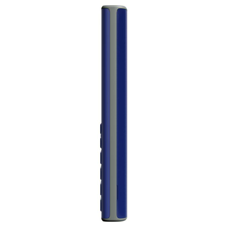 Seitenansicht eines blau-grauen Mobiltelefons.