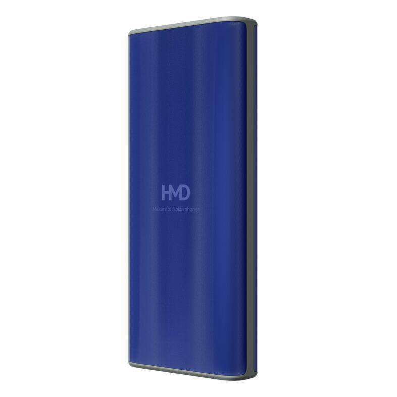Blaues, rechteckiges Gerät mit dem Text 'HMD' und 'Makers of Nokia phones'.