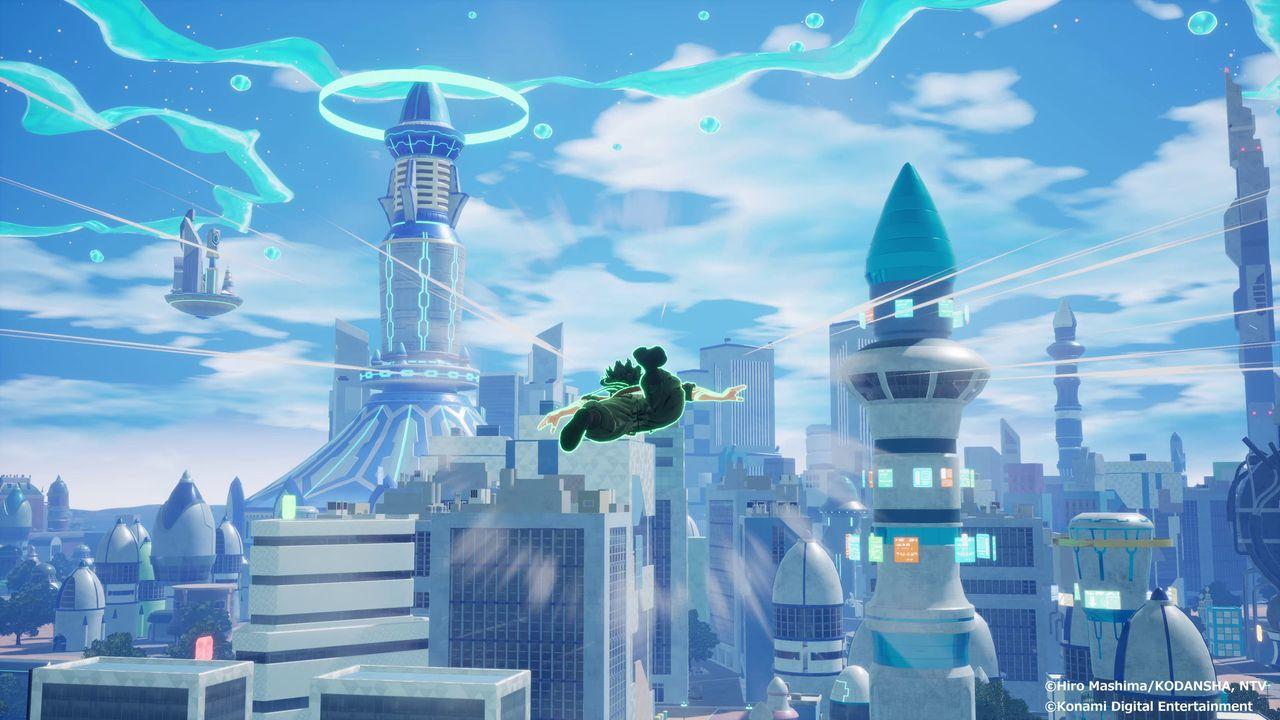 Eine Figur fliegt durch eine futuristische Stadt. Gebäude und Himmel im Hintergrund.