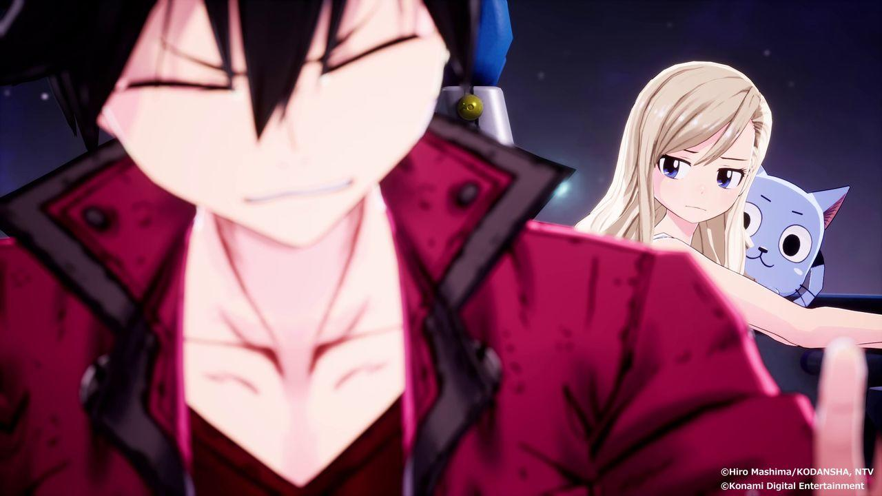 Anime-Charaktere, einer im Fokus mit roter Jacke. Eine weitere Frau und eine blaue Katze im Hintergrund.