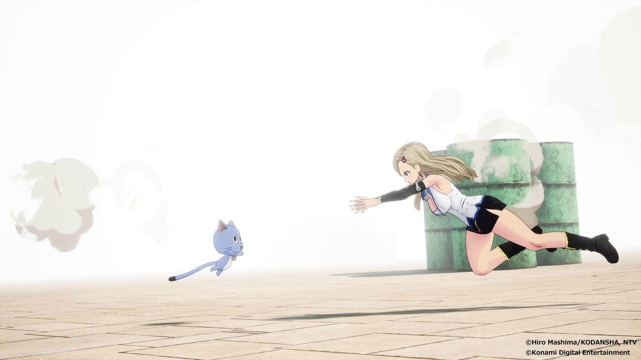 Anime-Figur, die nach einem katzenartigen Wesen in einem weißen, offenen Raum greift. Himmel ist der Hintergrund.
