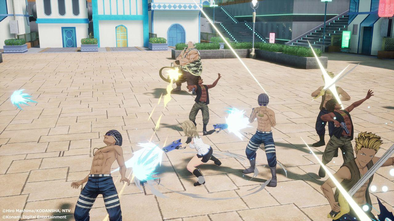 Eine Gruppe von Anime-Charakteren, die auf einem Marktplatz kämpfen. Einige sind oben ohne.