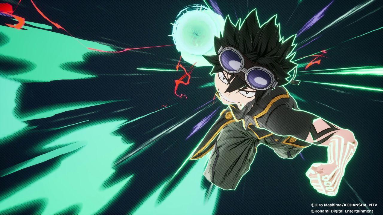 Ein Anime-Charakter mit Brille und entschlossenem Blick mit Lichteffekten. Der Hintergrund ist grün.