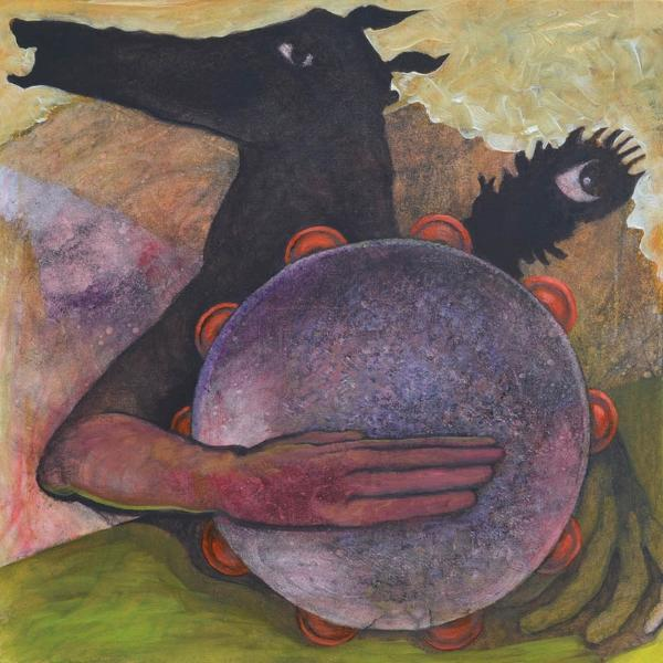Abstrakte Kunst: Eine schwarze Figur hält ein Tamburin, rote Akzente und ein gelber Hintergrund.