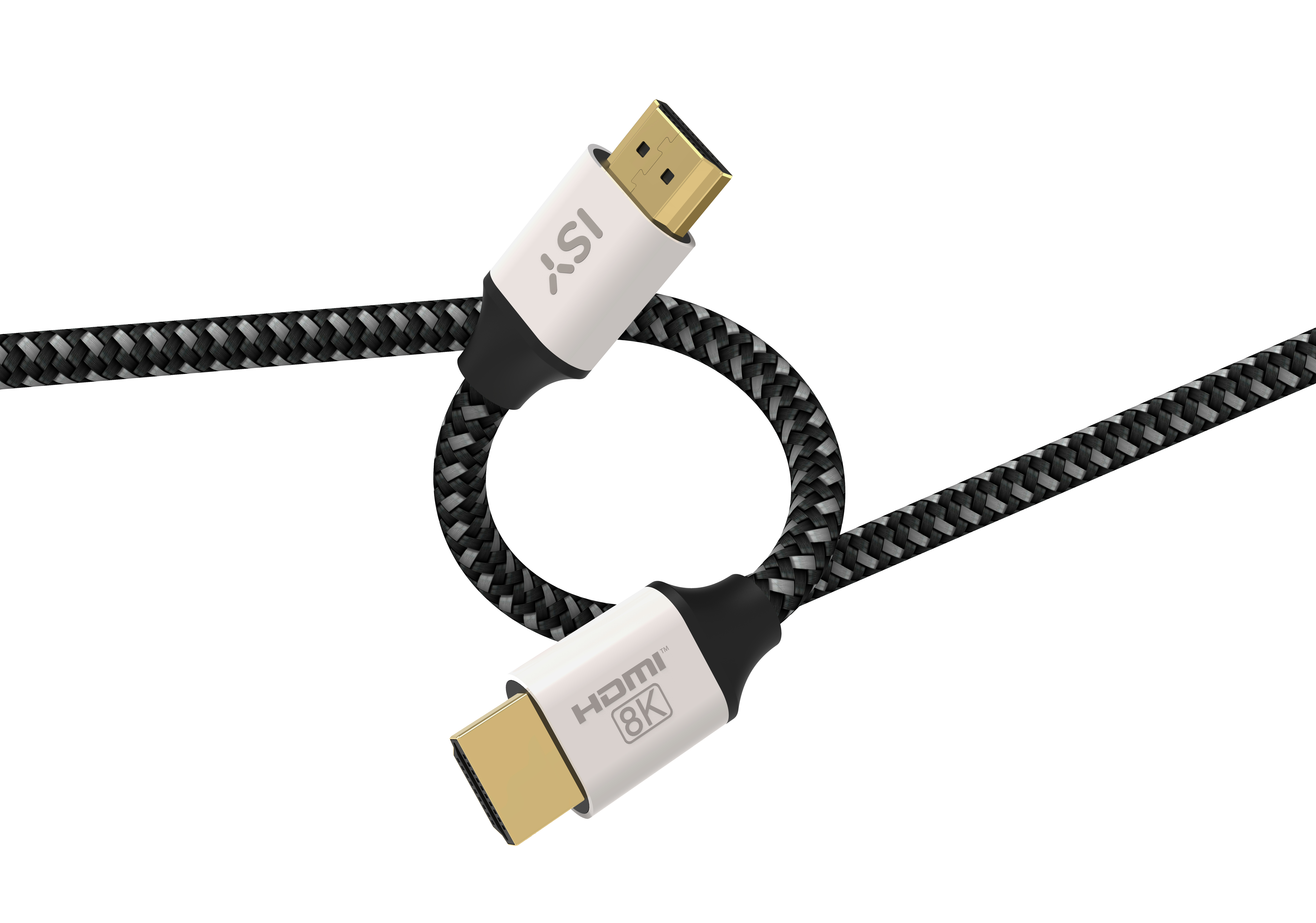 Kabel HDMI z białymi i czarnymi detalami, pod kątem. Kabel jest podłączony do dwóch białych złączy.