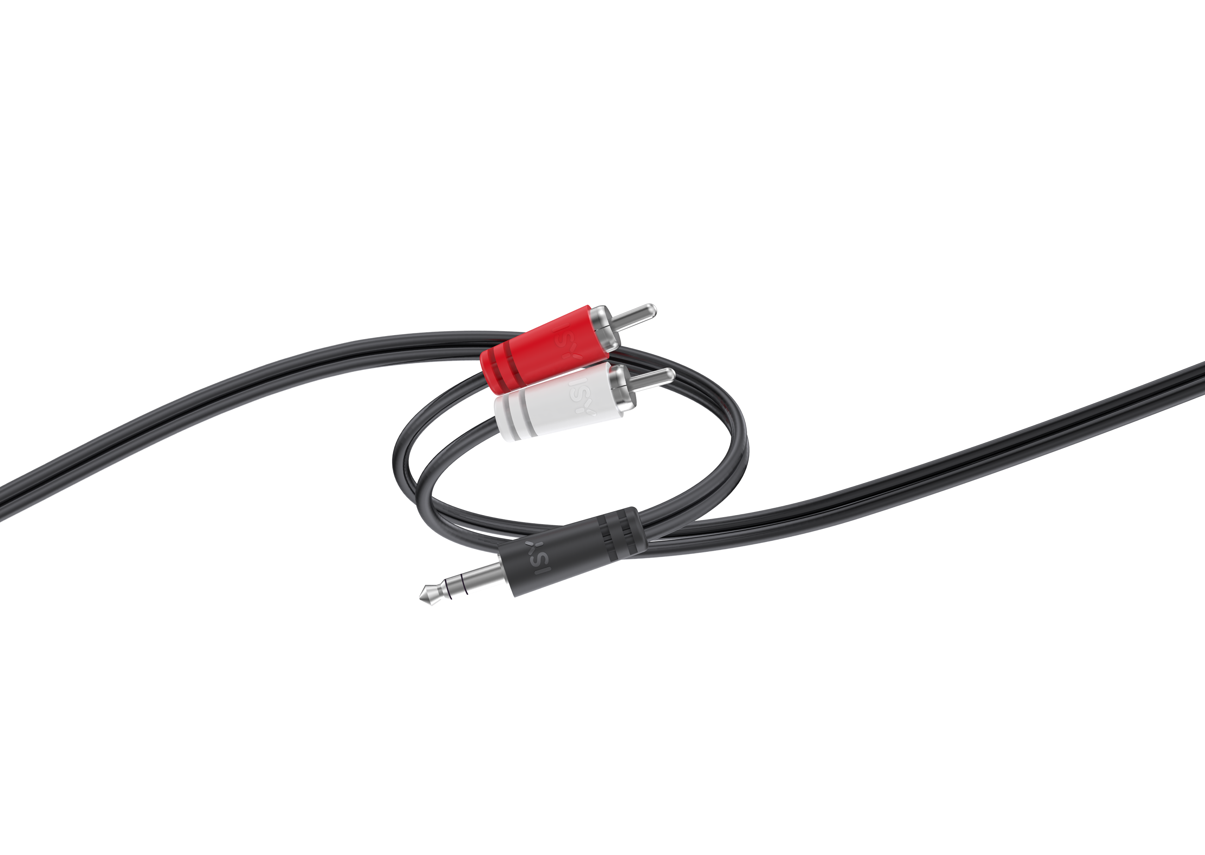 Czarny kabel z wtyczką 3,5 mm i dwoma złączami RCA.