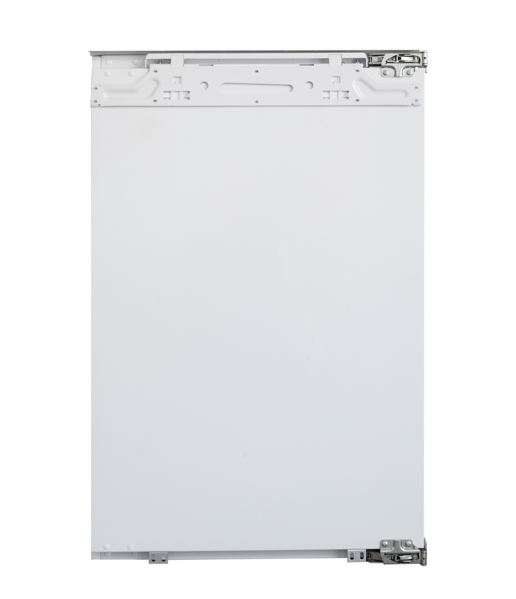 Eine weiße Kühlschranktürverkleidung, mit sichtbarer Montagehardware oben und unten.