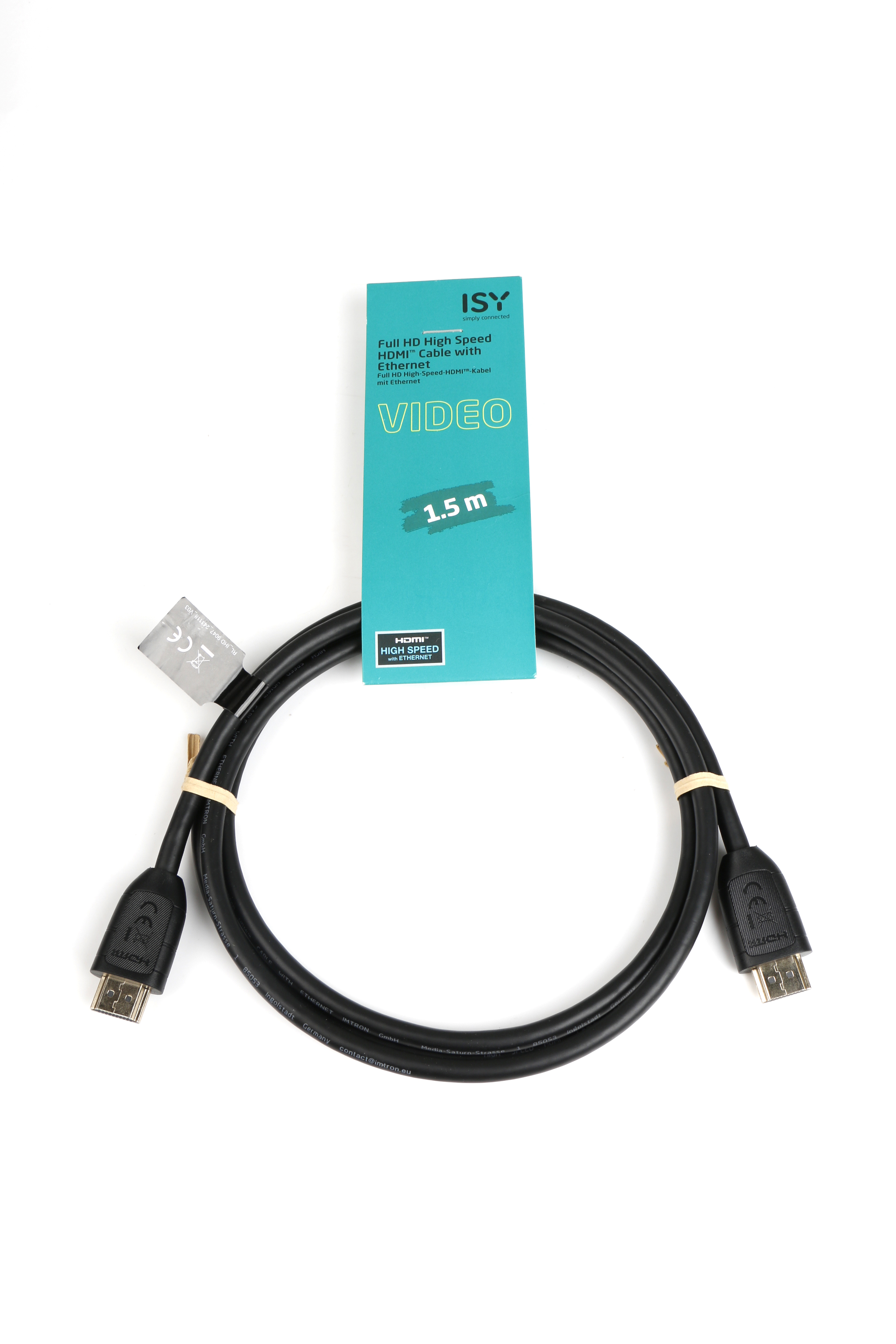 Czarny kabel HDMI ze złączami i turkusową etykietą.