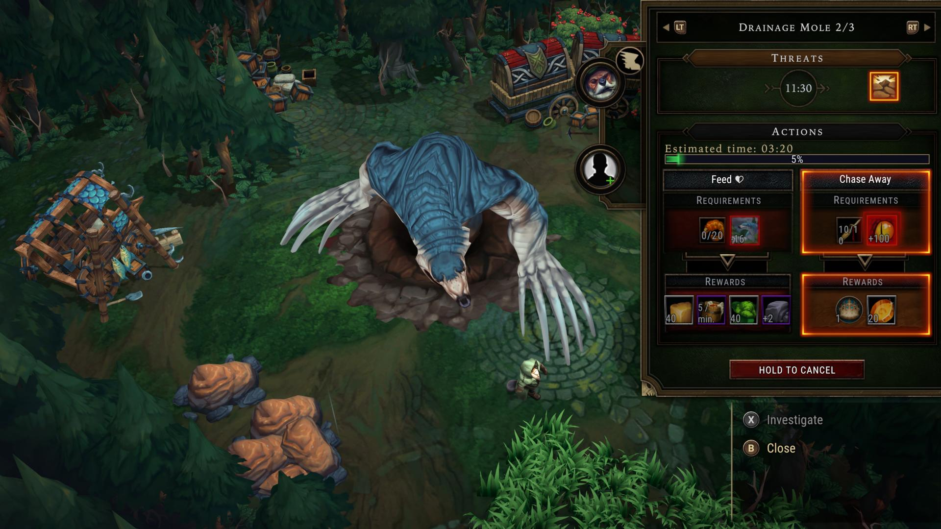 Spielszene mit einem blauen Monster in einem Loch und Aktionsoptionen. Text: Drainage Mole, Chase Away, Feed.