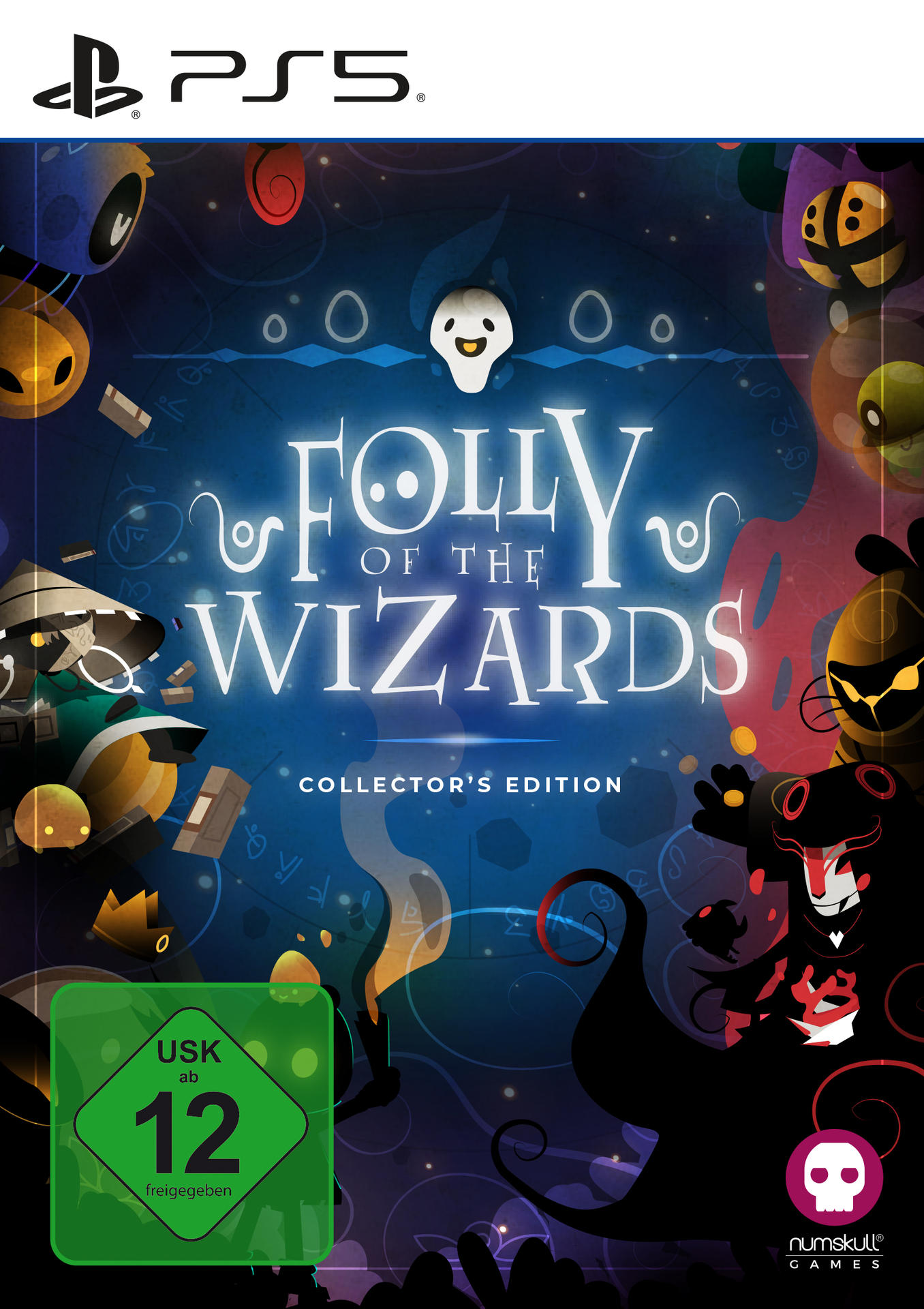 Eine PS5-Spielbox mit dem Titel 'Folly of the Wizards' mit verschiedenen Zeichentrickfiguren.