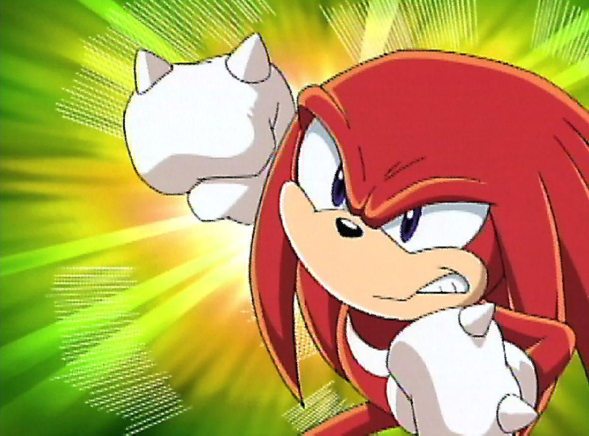 Knuckles the Echidna in Kampfpose. Grün-gelber Hintergrund.