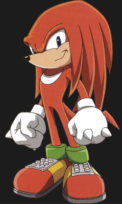 Knuckles the Echidna steht. Roter Körper, weiße Handschuhe und grüne Schuhe. Ernster Ausdruck.