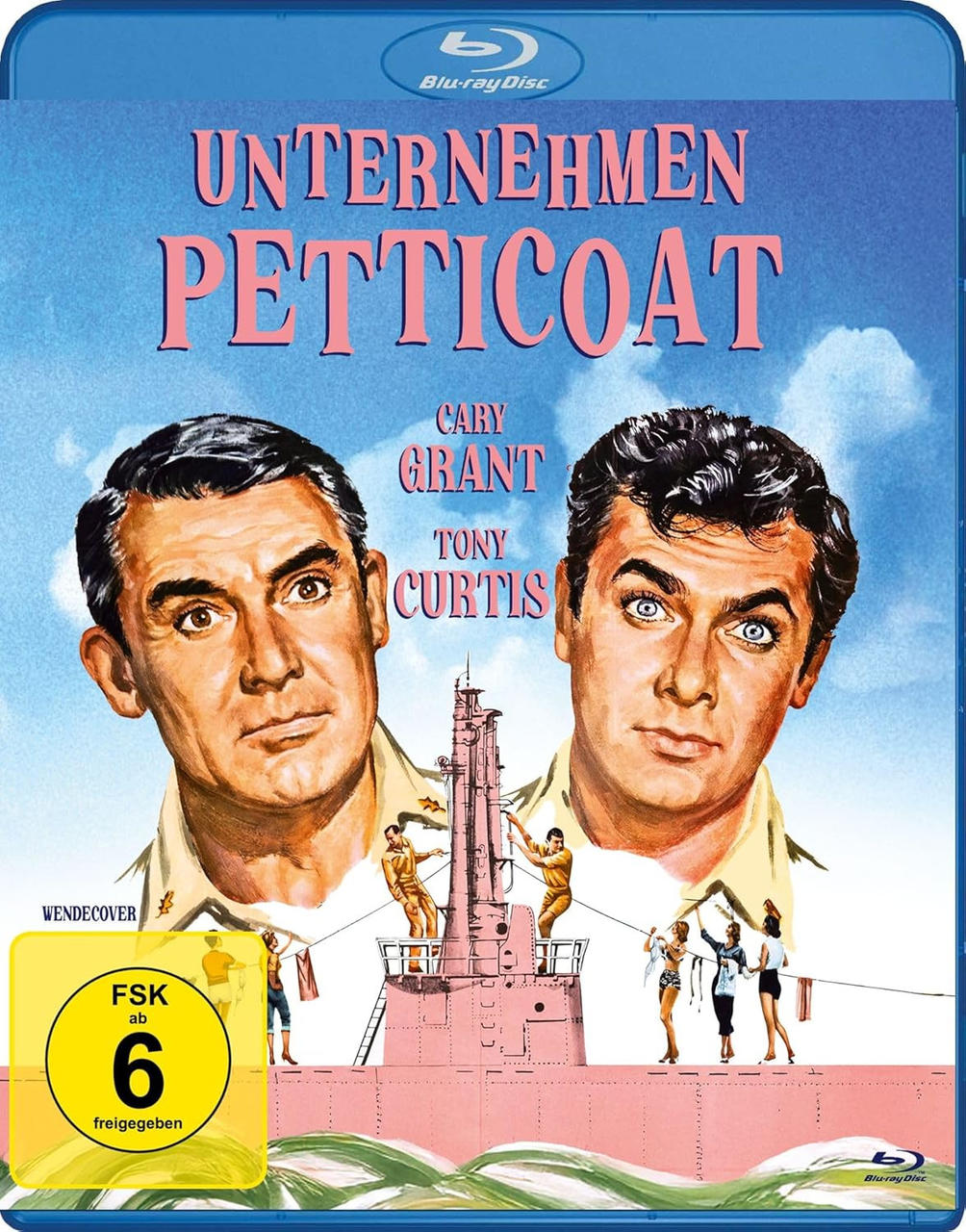 DVD-Cover mit zwei Männern vor einem rosafarbenen U-Boot. Text: Unternehmen Petticoat, Cary Grant, Tony Curtis.