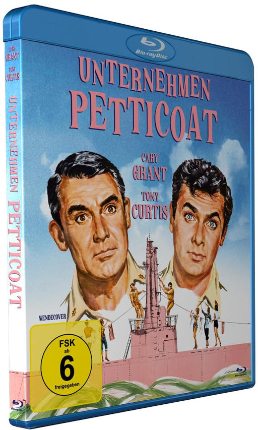 Blu-ray-Disc-Cover. Zwei Männer mit einem rosa U-Boot, der Filmtitel lautet 'Unternehmen Petticoat'. Blu-ray-Logo oben.