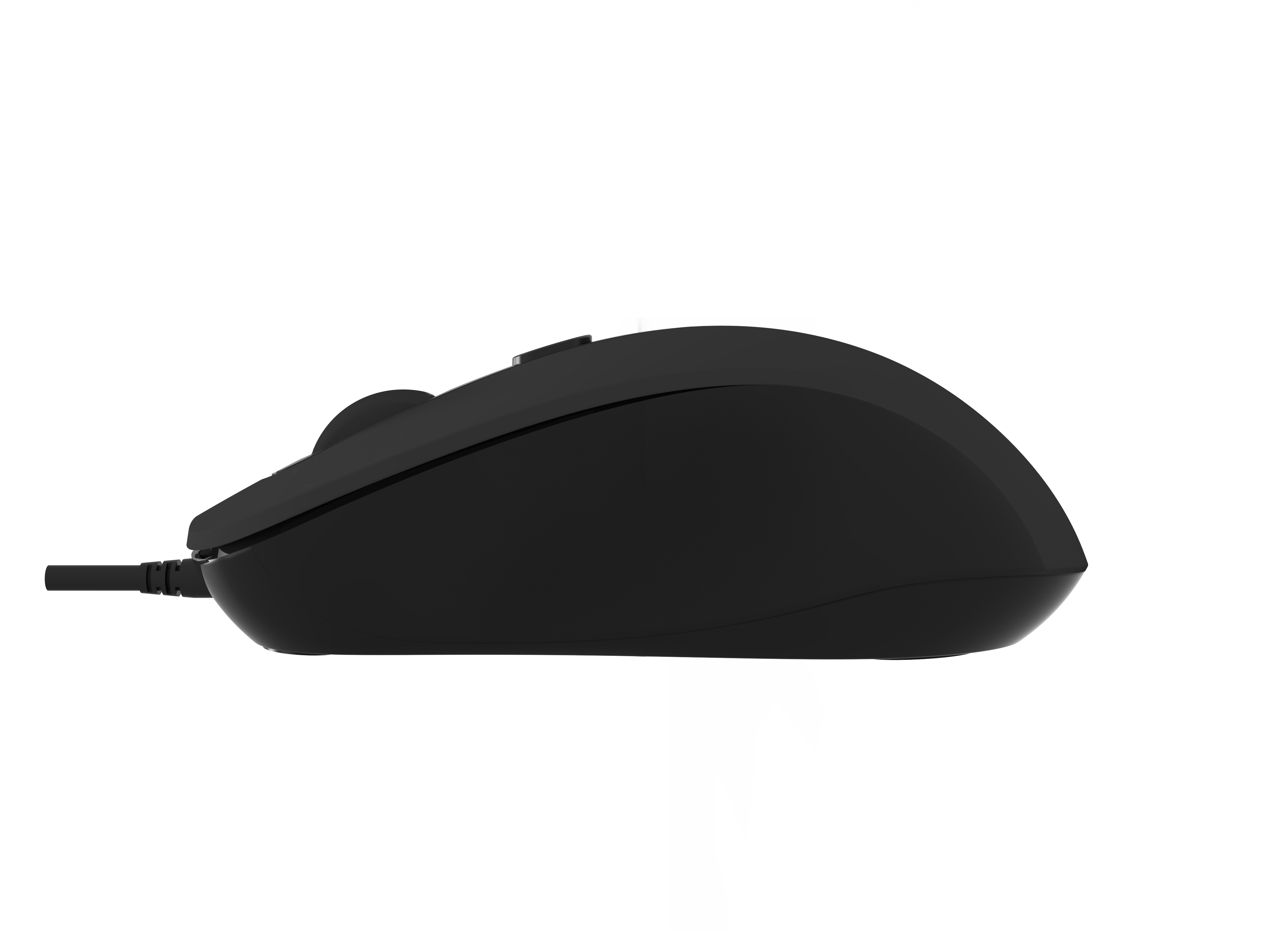 Eine schwarze Computermaus von der Seite betrachtet, die ihre Form und ein angeschlossenes Kabel zeigt.