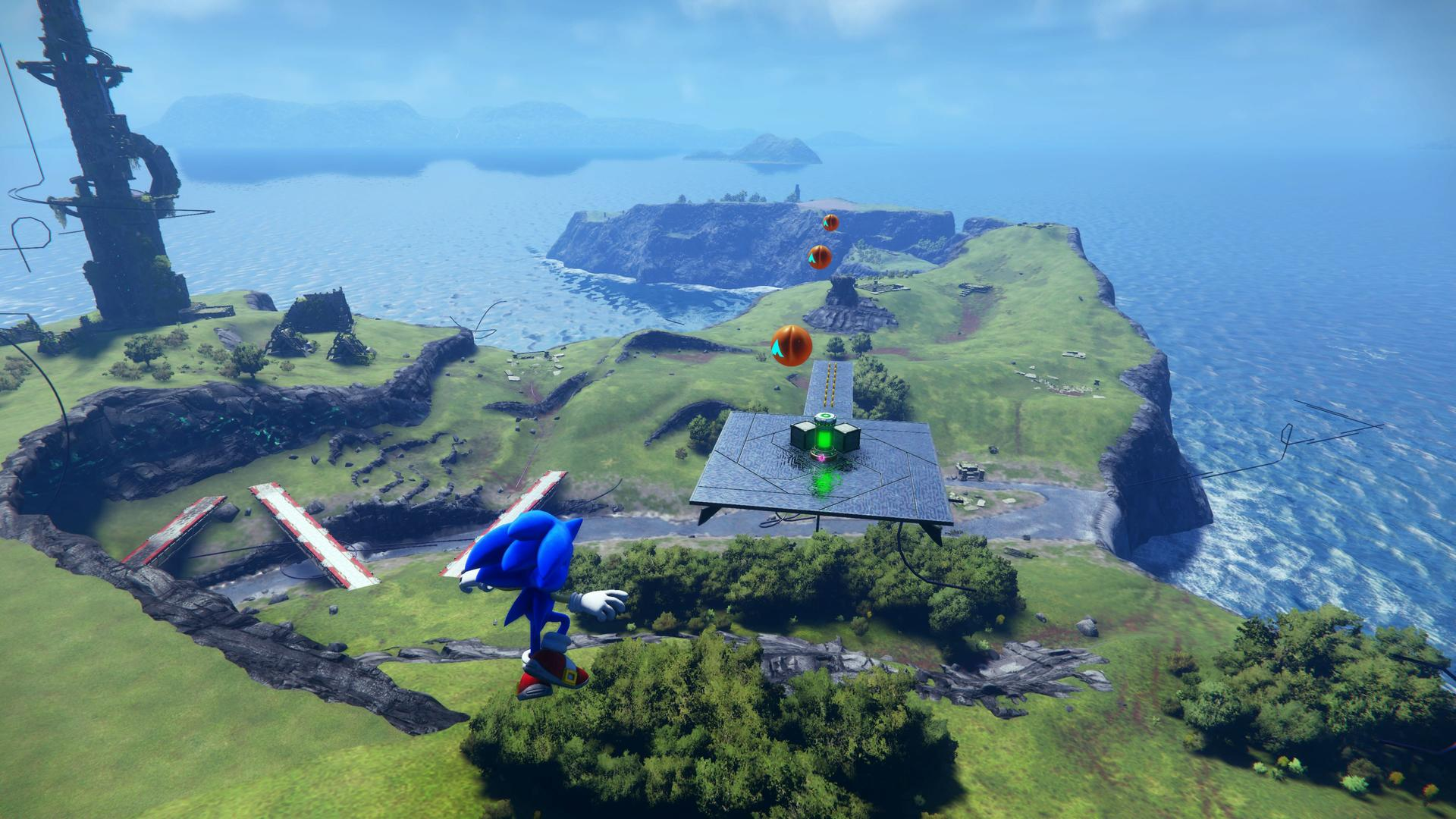 Sonic the Hedgehog in einer Spielszene, der sich schwebende Objekte ansieht.