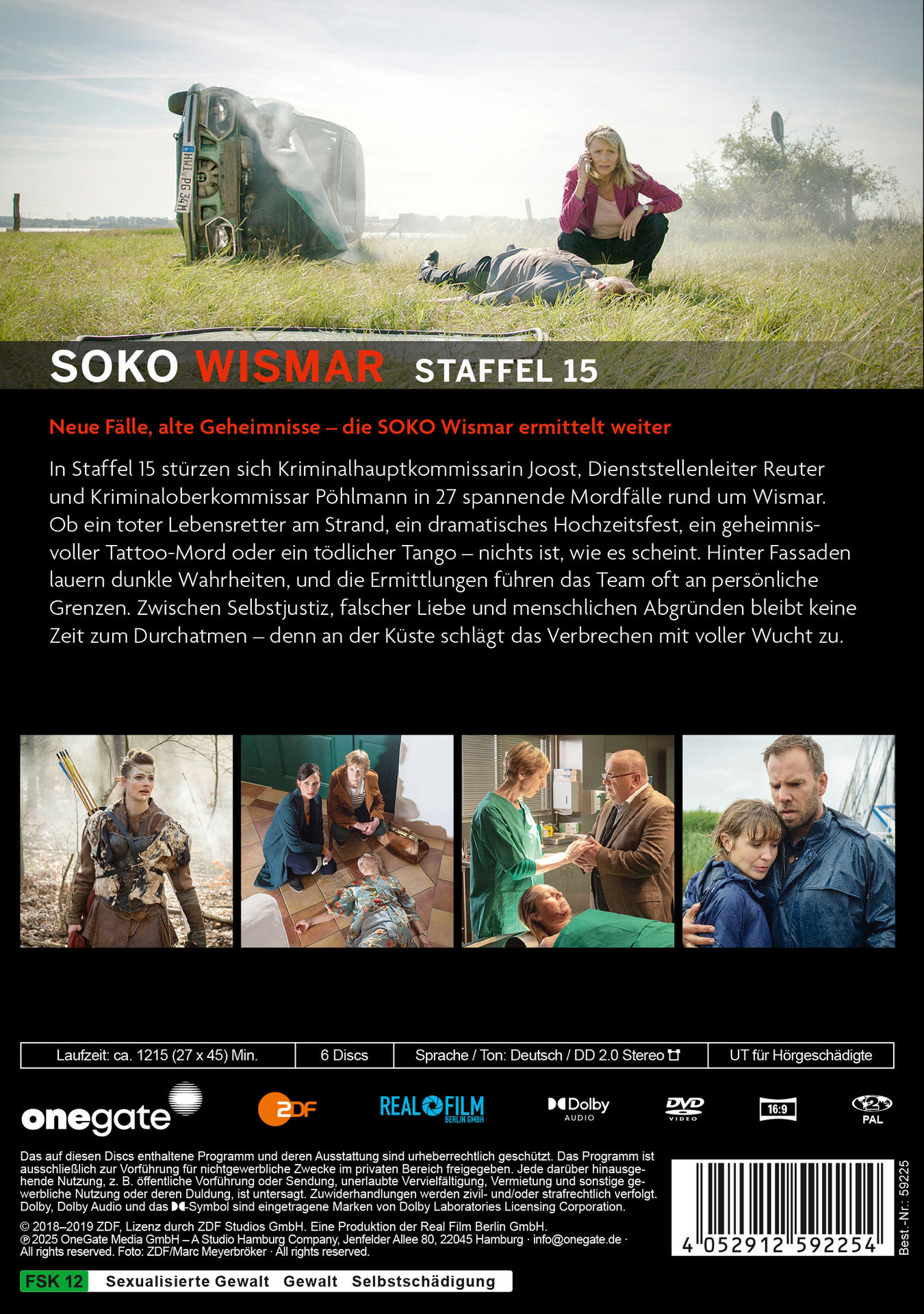 DVD-Cover für Soko Wismar Staffel 15, mit einem auf dem Kopf stehenden Auto im Hintergrund.