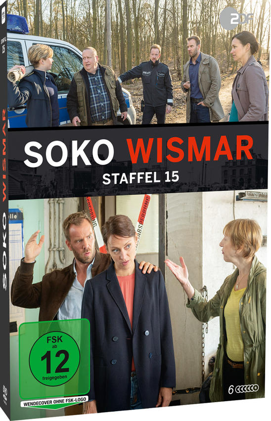 DVD-Cover von Soko Wismar Staffel 15 mit Schauspielern und Polizei vor einem Gebäude.