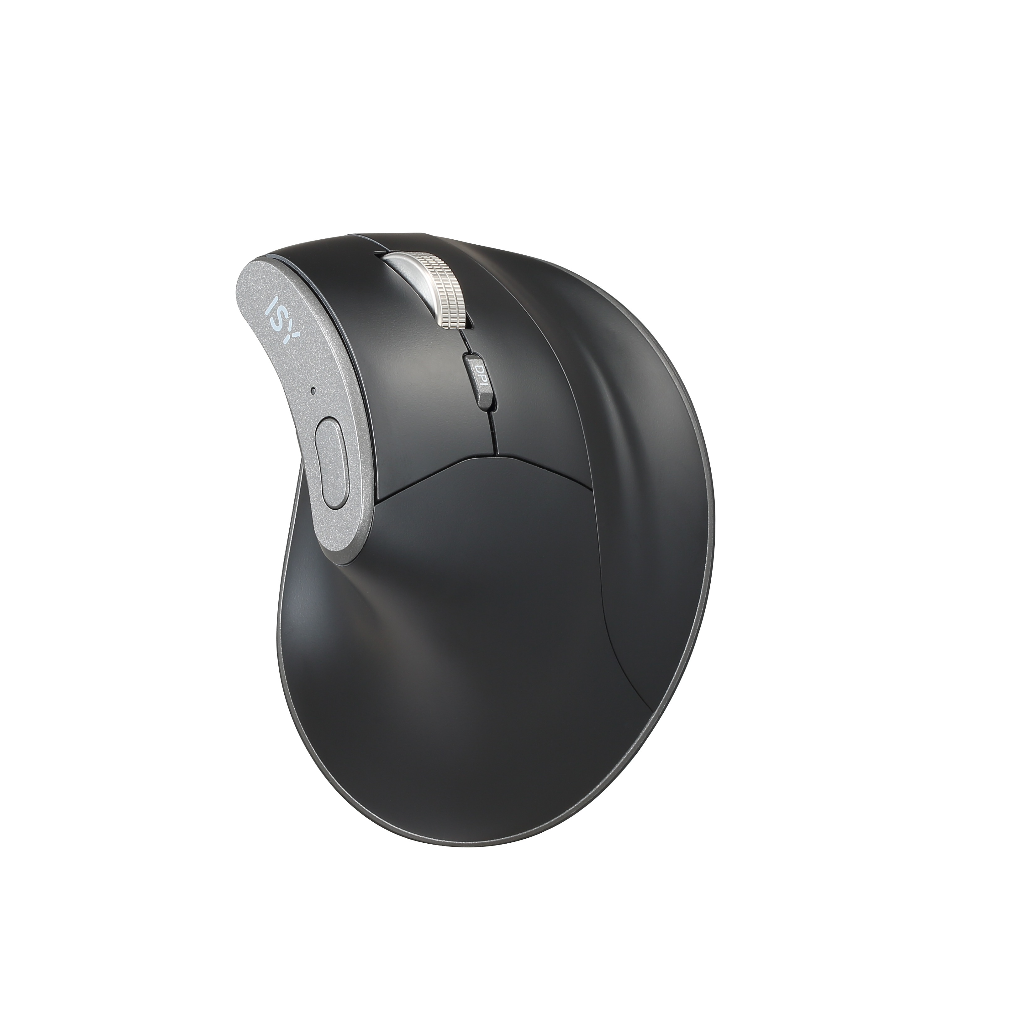 Schwarze und silberne ergonomische Maus. ISY-Logo an der Seite.