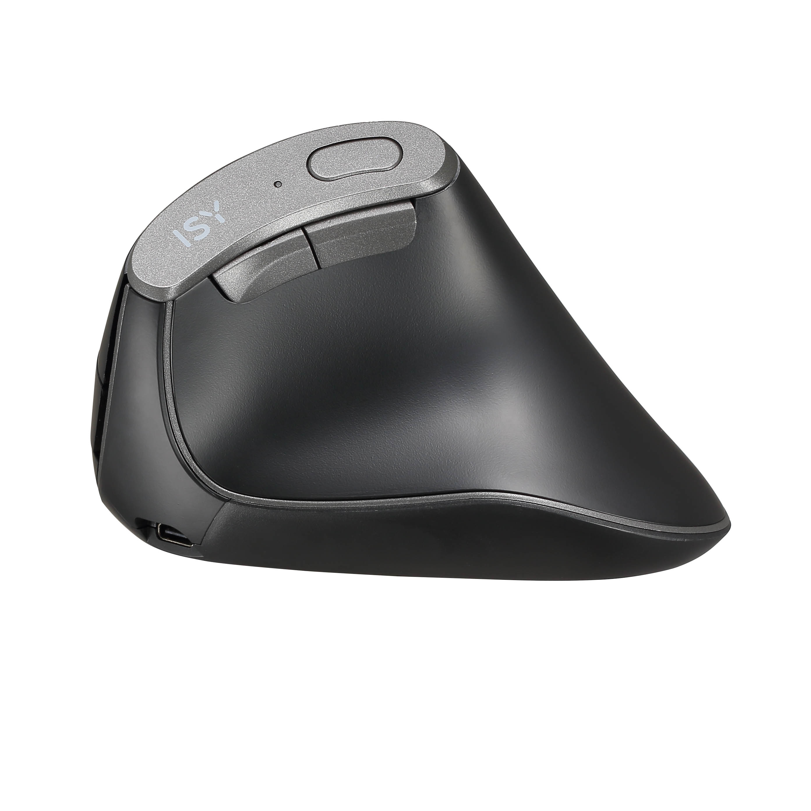 Eine vertikale ergonomische Computermaus, schwarz und grau, für Komfort abgewinkelt.