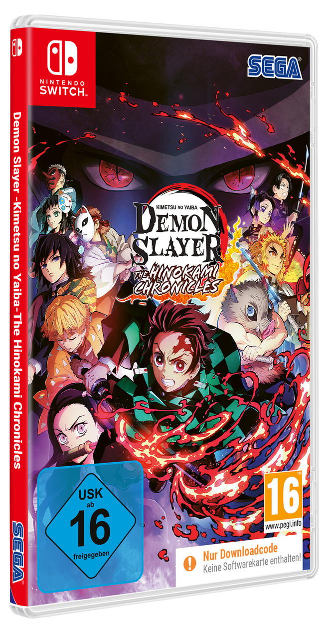 Demon Slayer Game-Box-Art. Zeigt mehrere Anime-Charaktere. Rotes und schwarzes Farbschema. Nintendo Switch-Logo.
