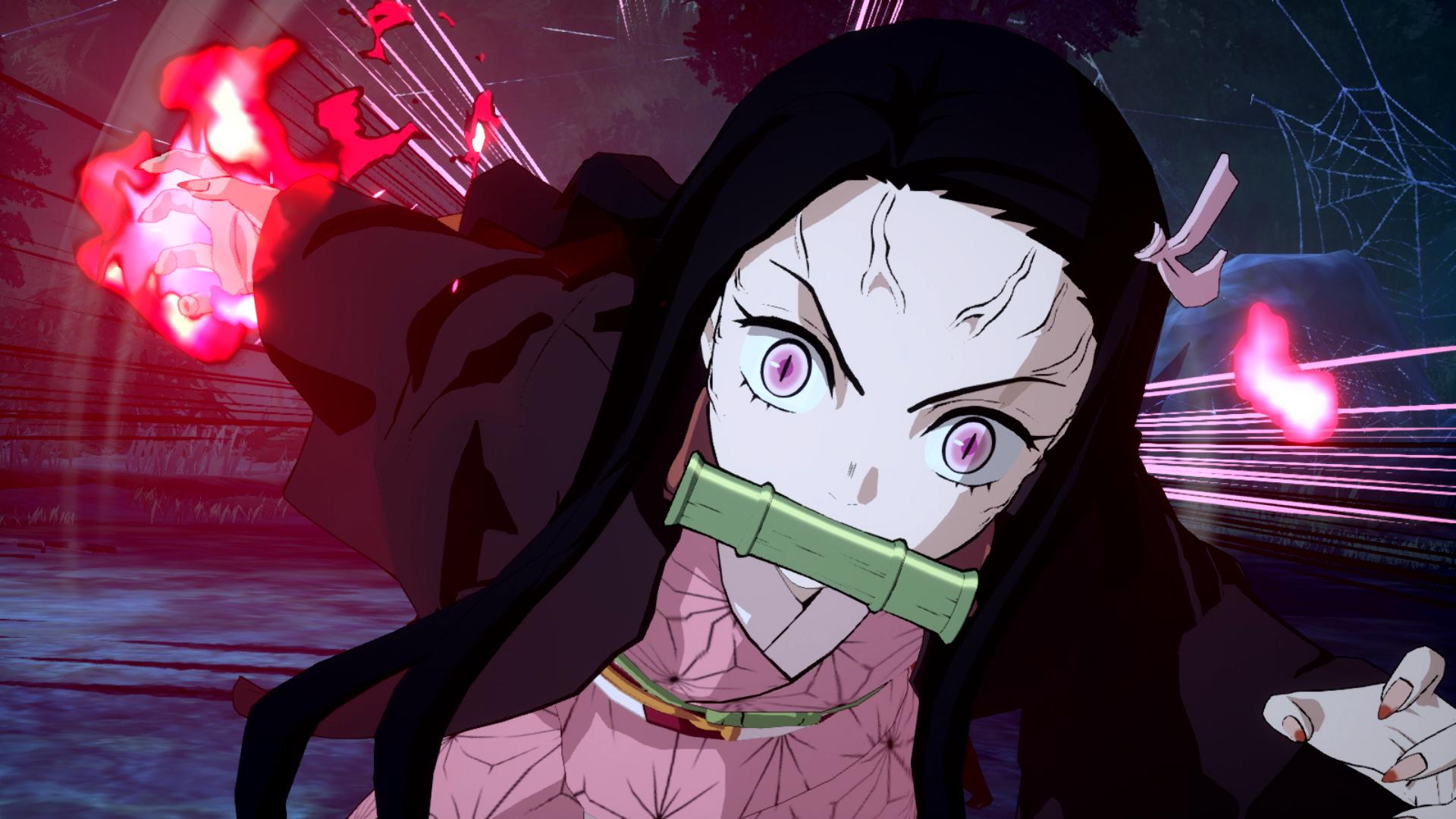 Anime-Illustration einer Frau mit schwarzen Haaren, einem rosa Kimono und einem Bambusmaulkorb im Mund.