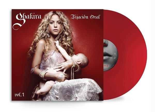 Shakiras Album „Fijación Oral vol. 1“ mit roter Vinyl-Schallplatte, auf dem sie ein Baby hält.