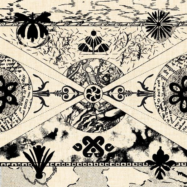 Abstraktes Design: Schwarz-Weiß-Muster mit geometrischen Formen und Textfragmenten.