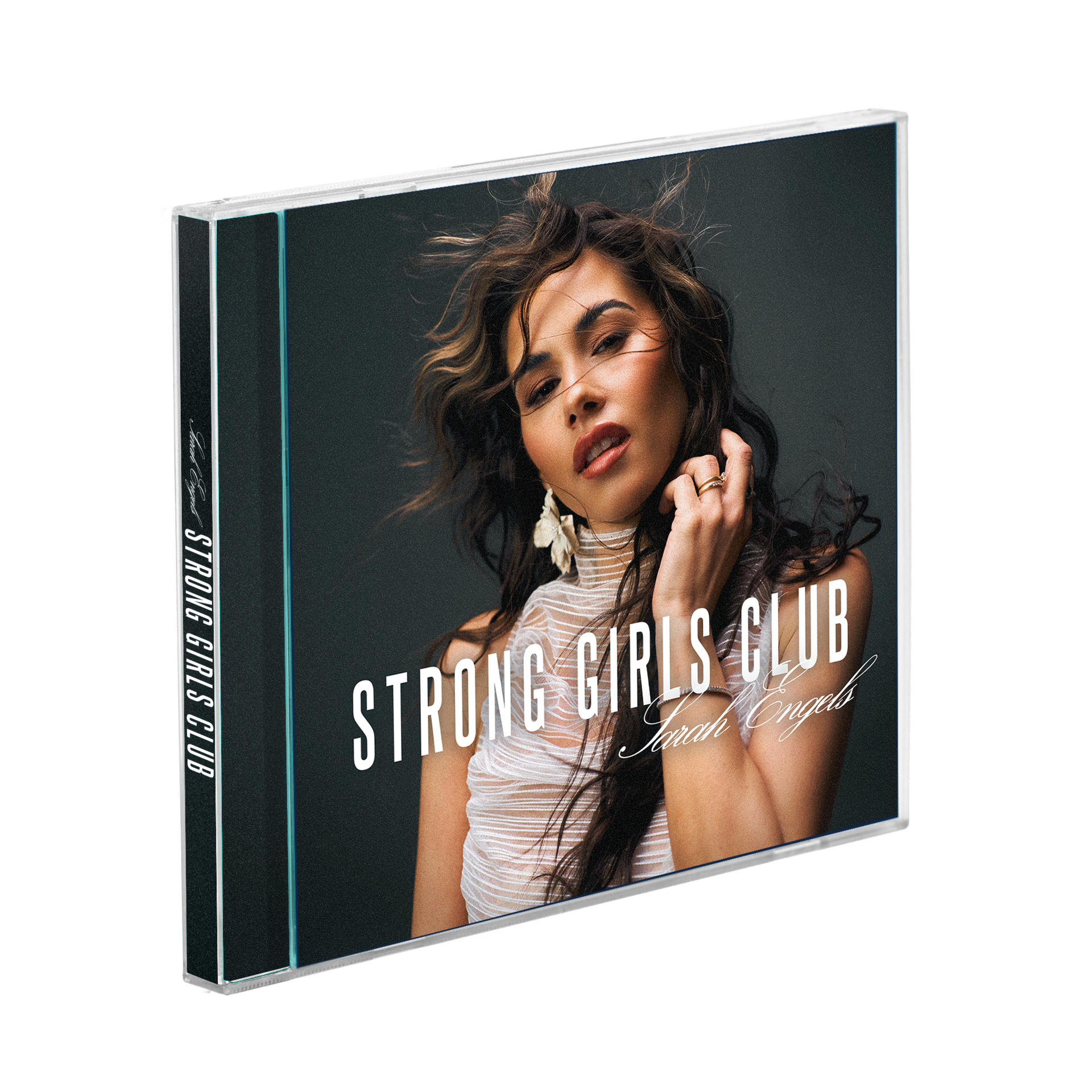 Albumcover, "STRONG GIRLS CLUB". Frau mit langen Haaren, trägt weißes Oberteil.