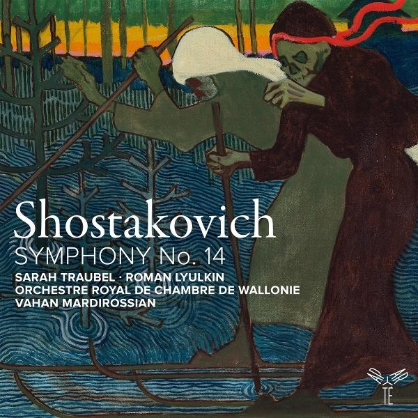 Albumcover "Schostakowitsch Symphonie Nr. 14". Zwei Figuren auf Skiern auf blauem Hintergrund.