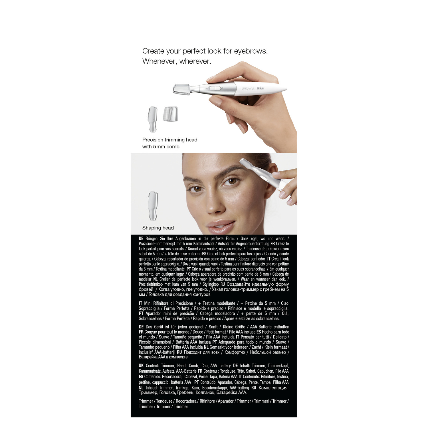 Image shows a woman using a hair removal device. Text is in multiple languages.