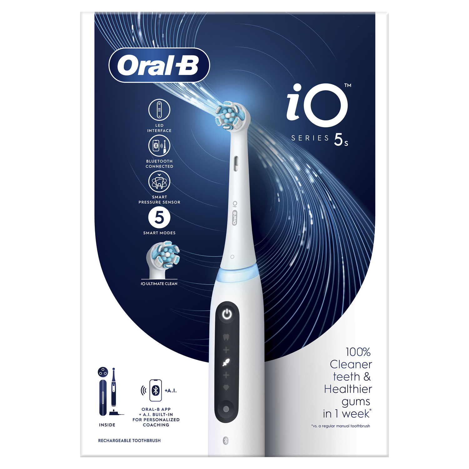 Une brosse à dents électrique Oral-B iO Series 5s avec les fonctionnalités affichées. Montre une base de chargement et les détails de l'emballage.