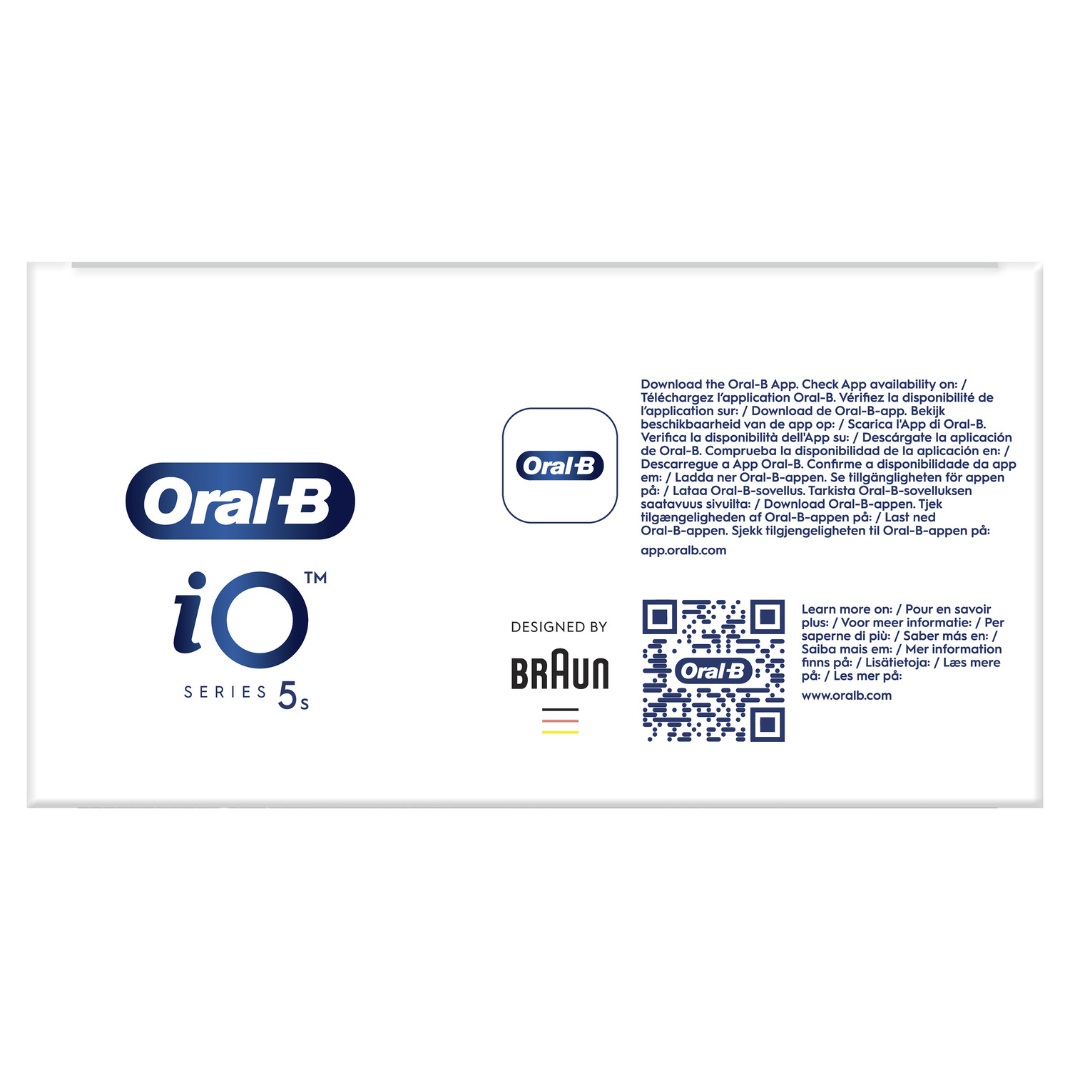 Informations sur le produit Oral-B. Logos et texte sur fond blanc. Inclut un code QR pour l'application.