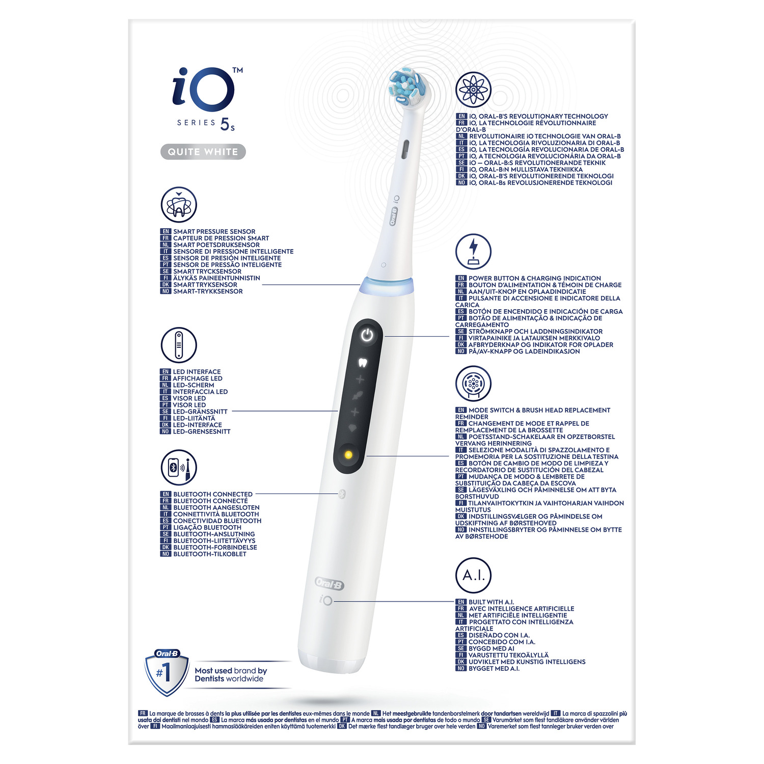 Une brosse à dents électrique avec un schéma détaillé de ses caractéristiques et spécifications.