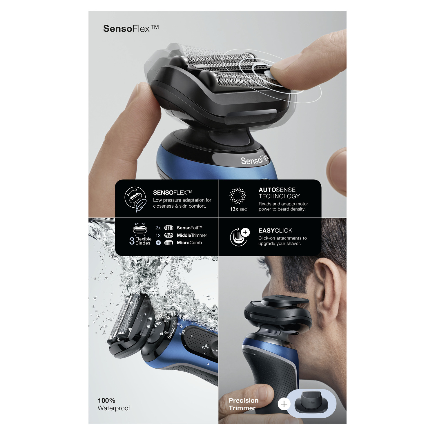 Close-up of a black and blue shaver with features and a hand holding it. Water droplets around it.